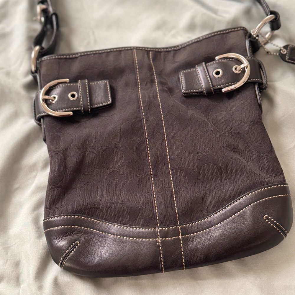 Coach Signature Logo Canvas Shoulder bag in leather trim
